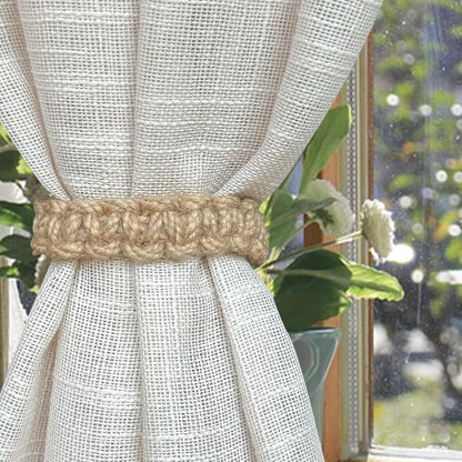 Boho Curtain Holdbacks Tiebacks for Drapes, Jute Rope Tie Backs for Light Sheer Curtains, Set of 4