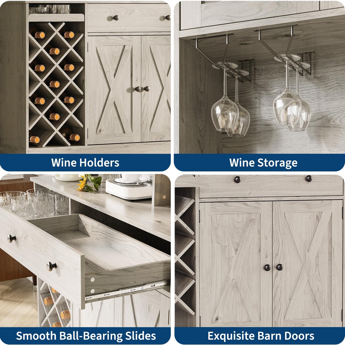 IDEALHOUSE 72 Inch Tall Kitchen Pantry Cabinet with Power Outlet - Wine Bottle Rack, Barn Doors, Ample Storage, Modern Sideboard Buffet for Dining Room, Kitchen, or Home Bar