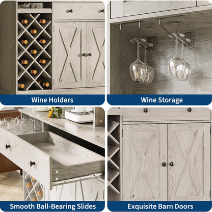 IDEALHOUSE 72 Inch Tall Kitchen Pantry Cabinet with Power Outlet - Wine Bottle Rack, Barn Doors, Ample Storage, Modern Sideboard Buffet for Dining Room, Kitchen, or Home Bar