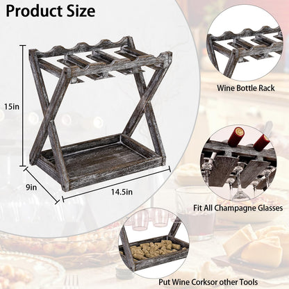 WDSHIYI 4 6 Countertop Rustic Wood Wine Rack for Bottles and Stemware Glass Holder- Wine Racks with Glass Holder, Home
