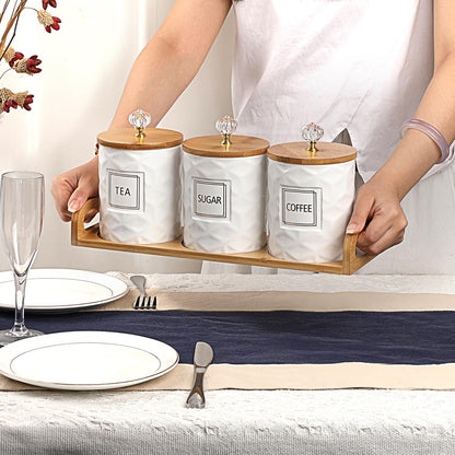 JUXYES Set of 3 Ceramic Canisters Set for Sugar Coffee Tea With Handle Tray, Luxurious Storage Containers Sets with Lids Decorative Storage Pots White Ceramic Storage Jar for Kitchen Dining Counter