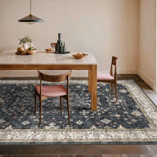 Boho Dining Room Rugs - 6x9 Washable Black Area Rug | Low Pile Non-Slip Design for Living Room & Bedroom