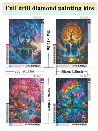 Tree of Life Diamond Art Kits for Adults - 4 Pack Scenery 5D Round Drill Diamond Painting Kits DIY Diamond Painting Gem Art Crystal Waterfall Diamond Art Painting for Home Wall Decor 12X16Inch