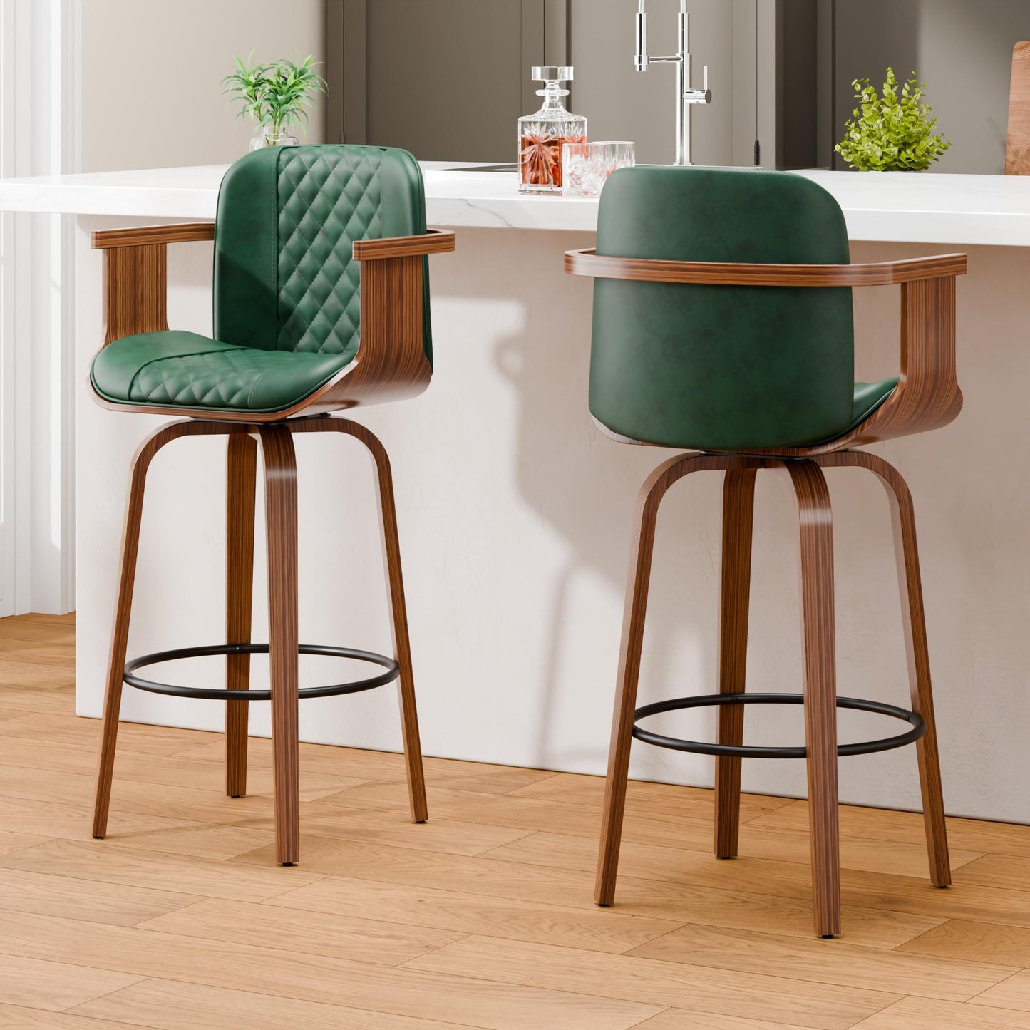 OUTGUAVA Swivel Bar Stools Set of 2, 29" Swivel Counter Height Bar Stools with Arms and High Back, Upholstered Faux Leather Barstools, Modern Bar Chairs for Kitchen Island, Green
