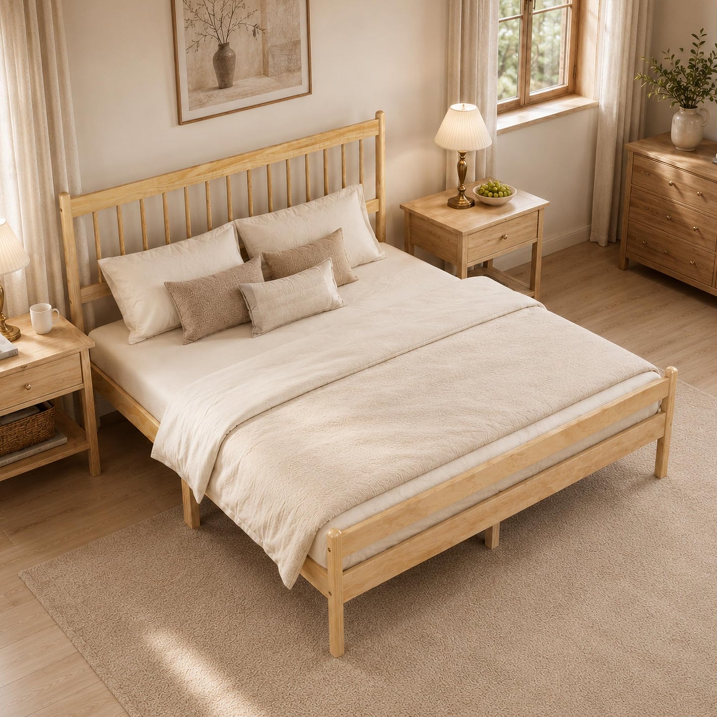 KEIKI Queen Size Bedframe with Headboard and Footboard, Pinewood Bed with Strengthened Bed Frame for Living Room, Bed Room, Natural