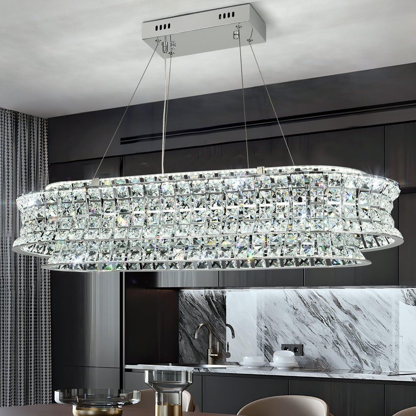 AOOCHOK Modern Crystal Chandelier for Living Room, LED Chrome Pendant Lights, Oval Crystal Hanging Lamp for Living Room, Dining Room, Restaurant, 30 x 14 inch