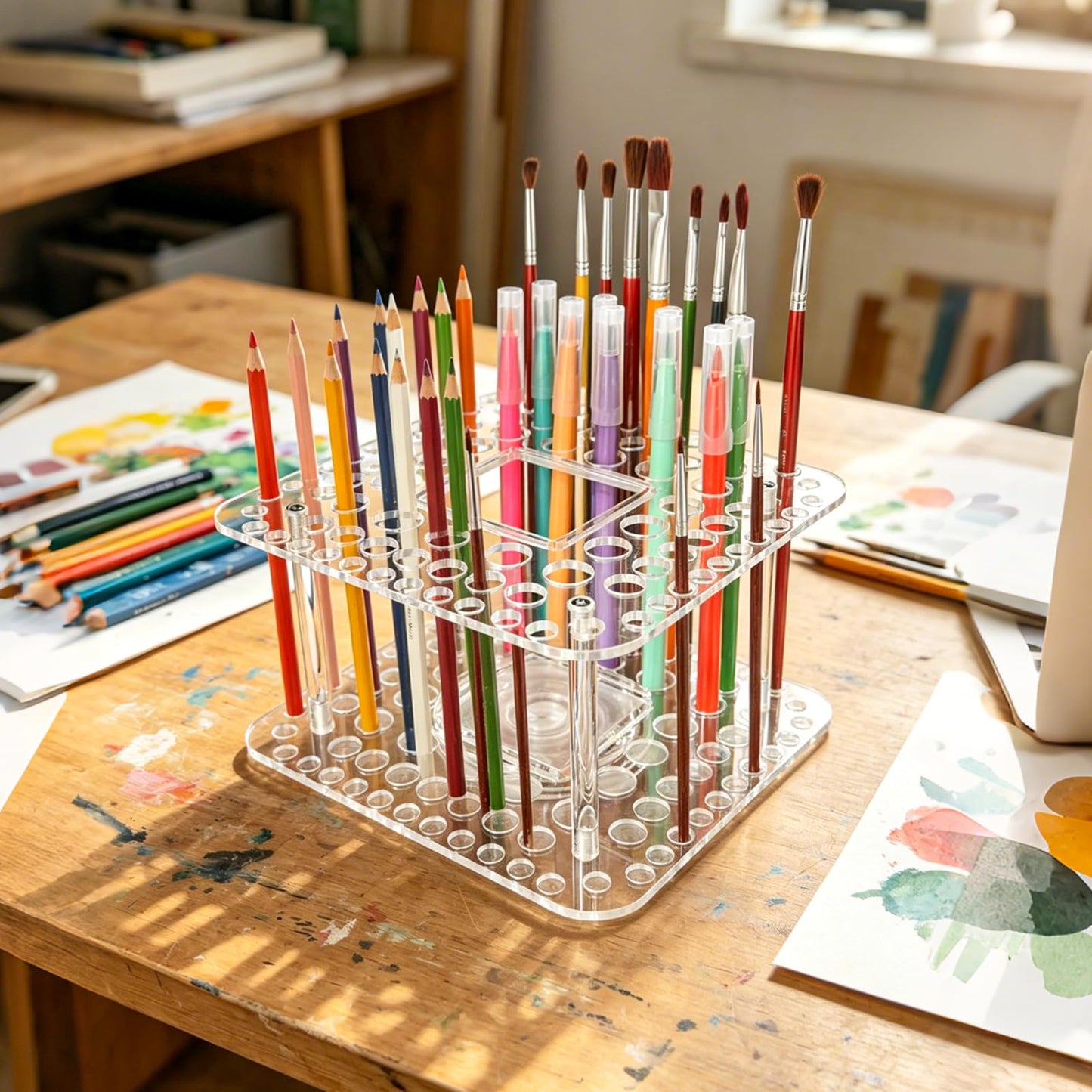 HESHUYU Rotating Paint Brush Holder 92 Holes and Large Compartment 360° Spinning Acrylic Paintbrush Holder Organizer Artist Brush Holder Watercolor Brush Stand Rack