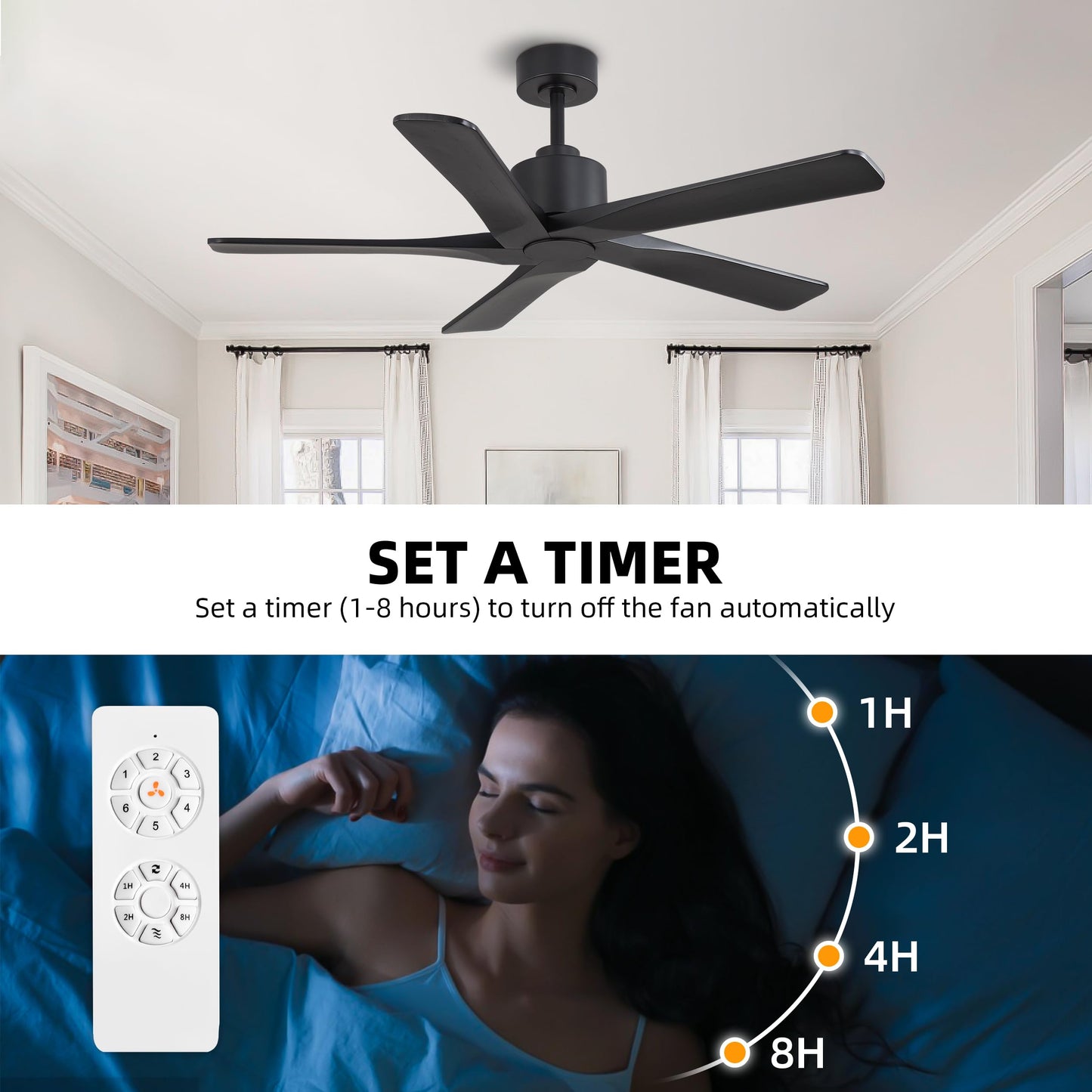 WINGBO 48" DC Ceiling Fan No Light - 5 Carved Solid Wood Blades, 6-Speed Reversible DC Motor, Ceiling Fan without Lights for Living Room Bedroom Kitchen Patio, Indoor and Outdoor, Matte Black