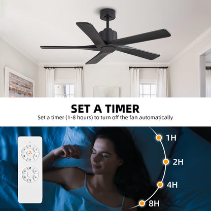 WINGBO 48" DC Ceiling Fan No Light - 5 Carved Solid Wood Blades, 6-Speed Reversible DC Motor, Ceiling Fan without Lights for Living Room Bedroom Kitchen Patio, Indoor and Outdoor, Matte Black