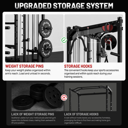 JELENS Smith Machine for Home Gym, Multi-Function M12 Power Cage with Cable Crossover System, Squat Rack with Smith Bar and More Attachment (Black, 370LB Black Weights Package)