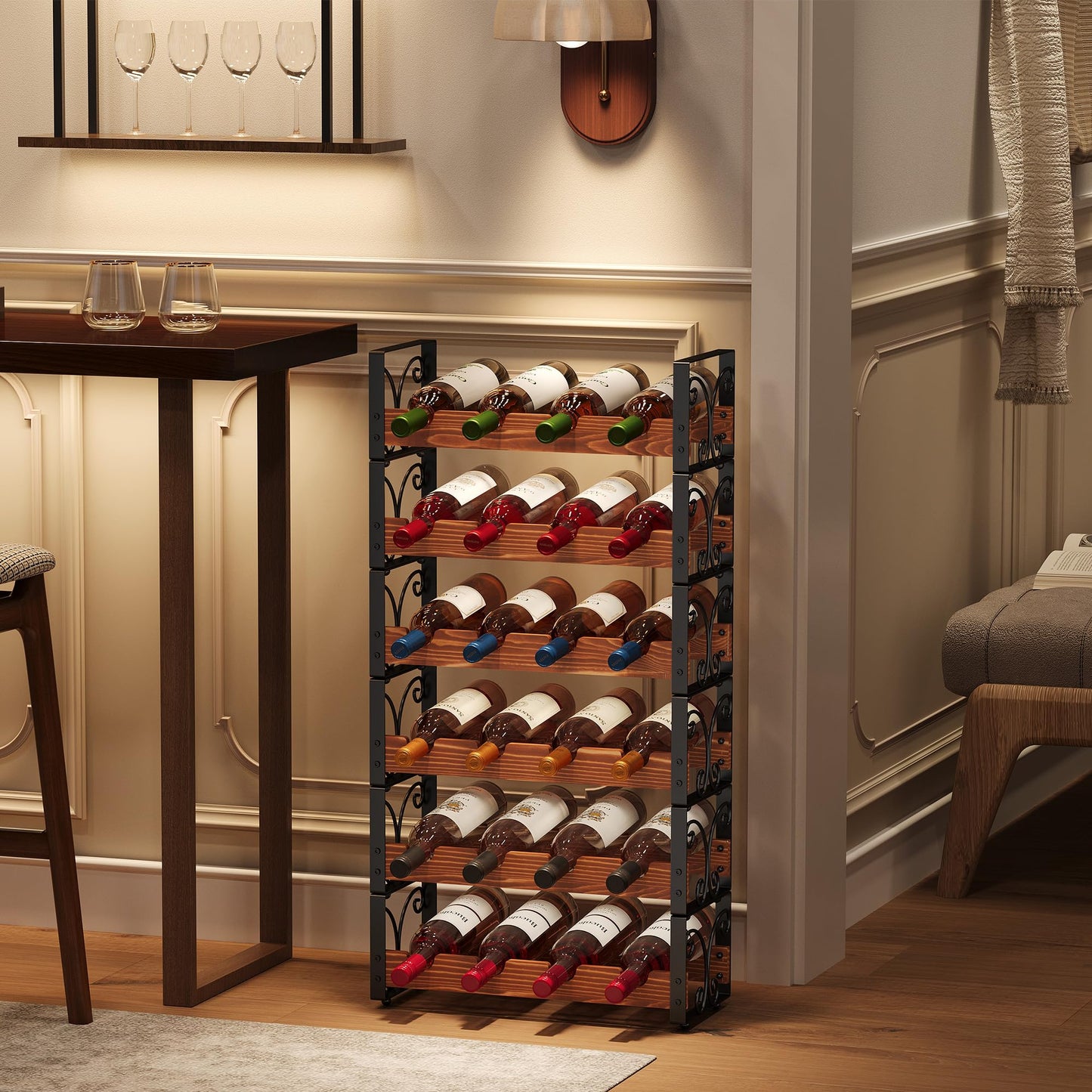 X-cosrack Wine Rack Freestanding Floor with Patent Design, Wooden & Metal Wine Bottle Holder, 4 Tier 16 Bottles Stackable Wine Storage Racks for Kitchen Counter or Bar, Wine Display Shelf