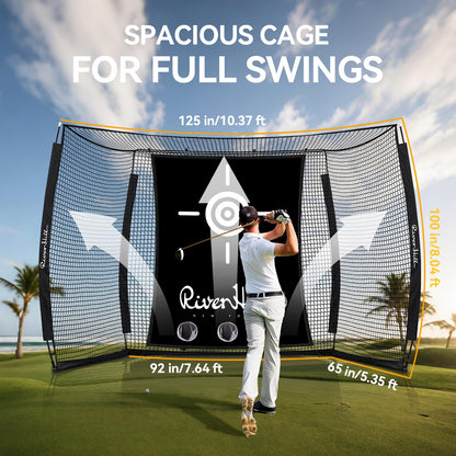 Golf Cage with Impact Screen, 10x8 Ft Golf Hitting Net w/Sound-Dampening Cloth, Practice Mat, Golf Simulator Enclosure, Indoor & Outdoor Driving Chipping Equipment for Home, Backyard & Garage