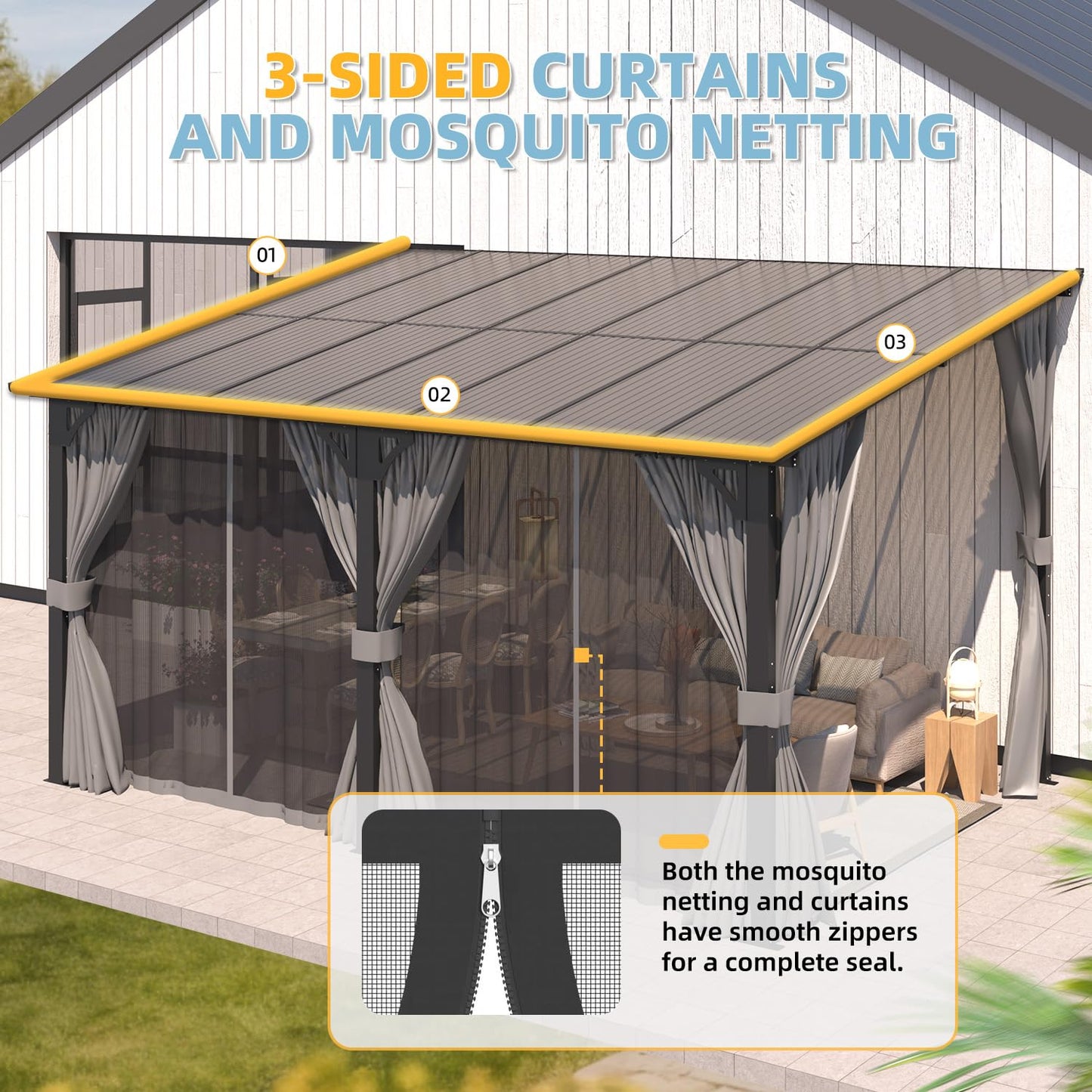AECOJOY 14' x 10' Gazebo for Patio, Hard Top Lean to Gazebo Pergola with Curtains and Mosquito Netting, Large Wall-Mounted Heavy Duty Awnings for Patio, Decks, Backyard and More
