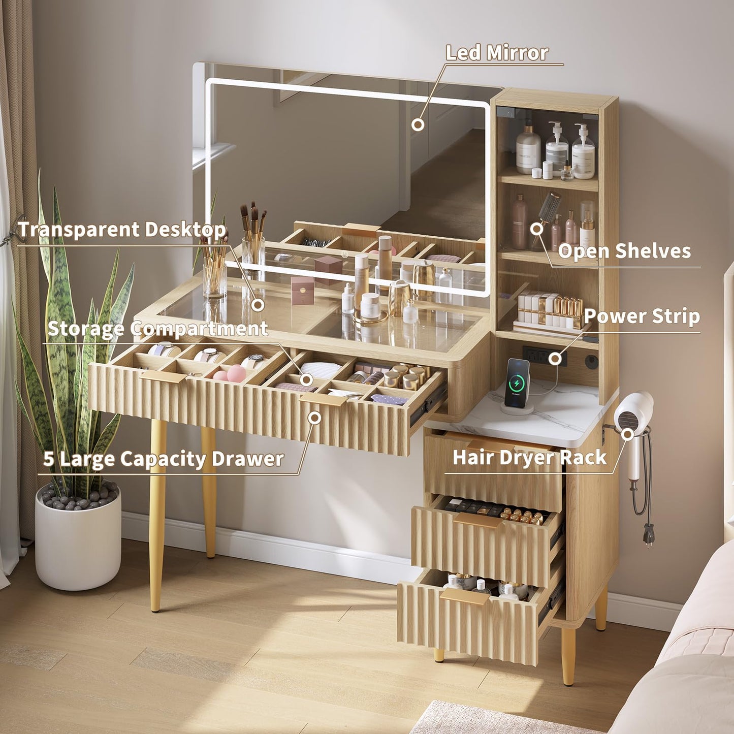 CuisinSmart Makeup Vanity Desk with Lights, Fluted Wooden Dressing Table with 5 Drawers and Adjustable Shelves, Makeup Vanity Table Modern Glass Top with Charging Station for Bedroom (Oak)