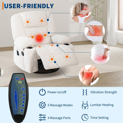 GarveeHome Oversized Wide Recliner Chair-Heat and Vibration Massage, 360° Swivel Rocker Chair for Adults,Chenille Fabric Manual Recliner with Cup Holders & Side Pocket for Living Room, Bedroom,White