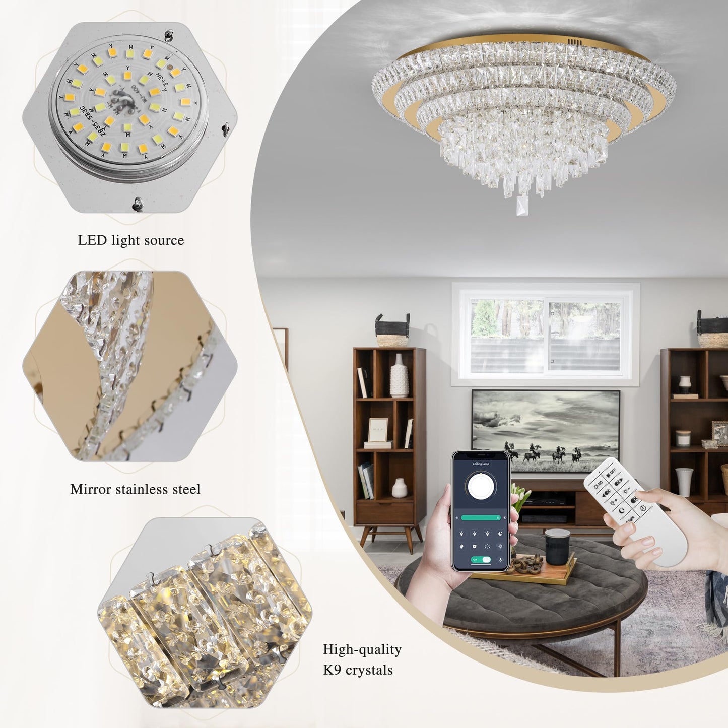 30 inch Flush Mount Crystal Chandeliers with Remote and APP Gold, Modern Elegant LED Crystal Raindrop Ceiling Light Fixture, 3CCT Dimmable, for Living Room Kitchen Island Bedroom Entryway Foyer
