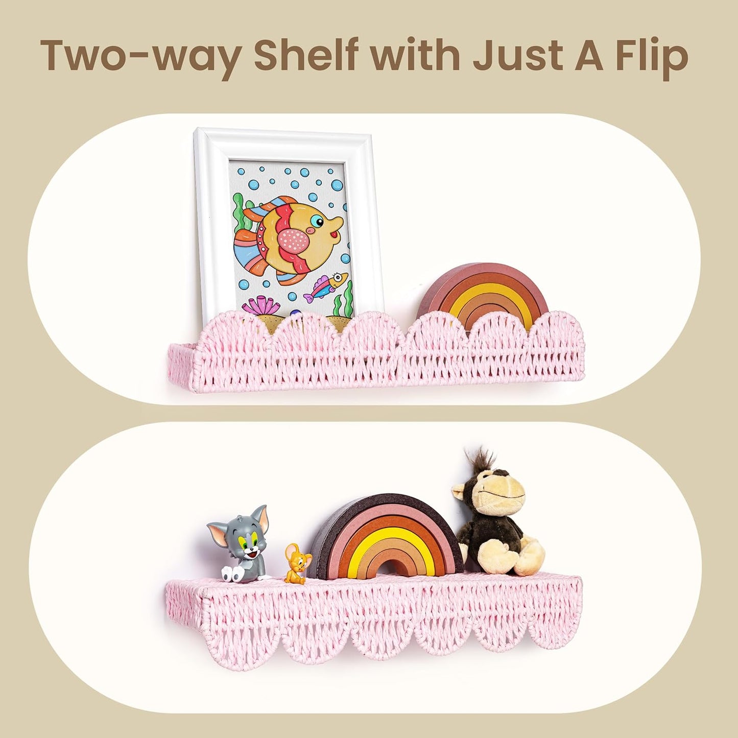 Set 4, AELS Scalloped Nursery Bookshelf, of Picture Ledge Shelf for Wall Decor, Woven Natural Fibre Floating Shelves