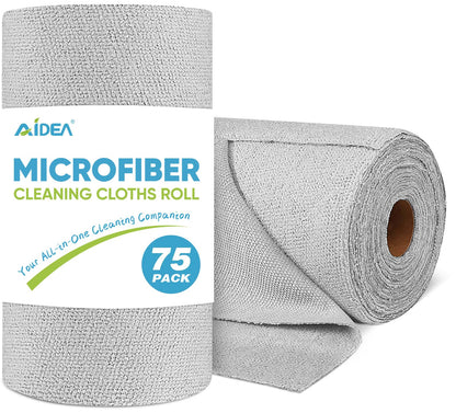 AIDEA Microfiber Cleaning Cloth Roll, Grey 75PK, Reusable Paper Towels Tear Away Cloth, Microfiber Towels for Cars, Wash Cloths, Lint Free Rags for House, Kitchen,Window,Cleaning Supplies 11.5"×11.5"