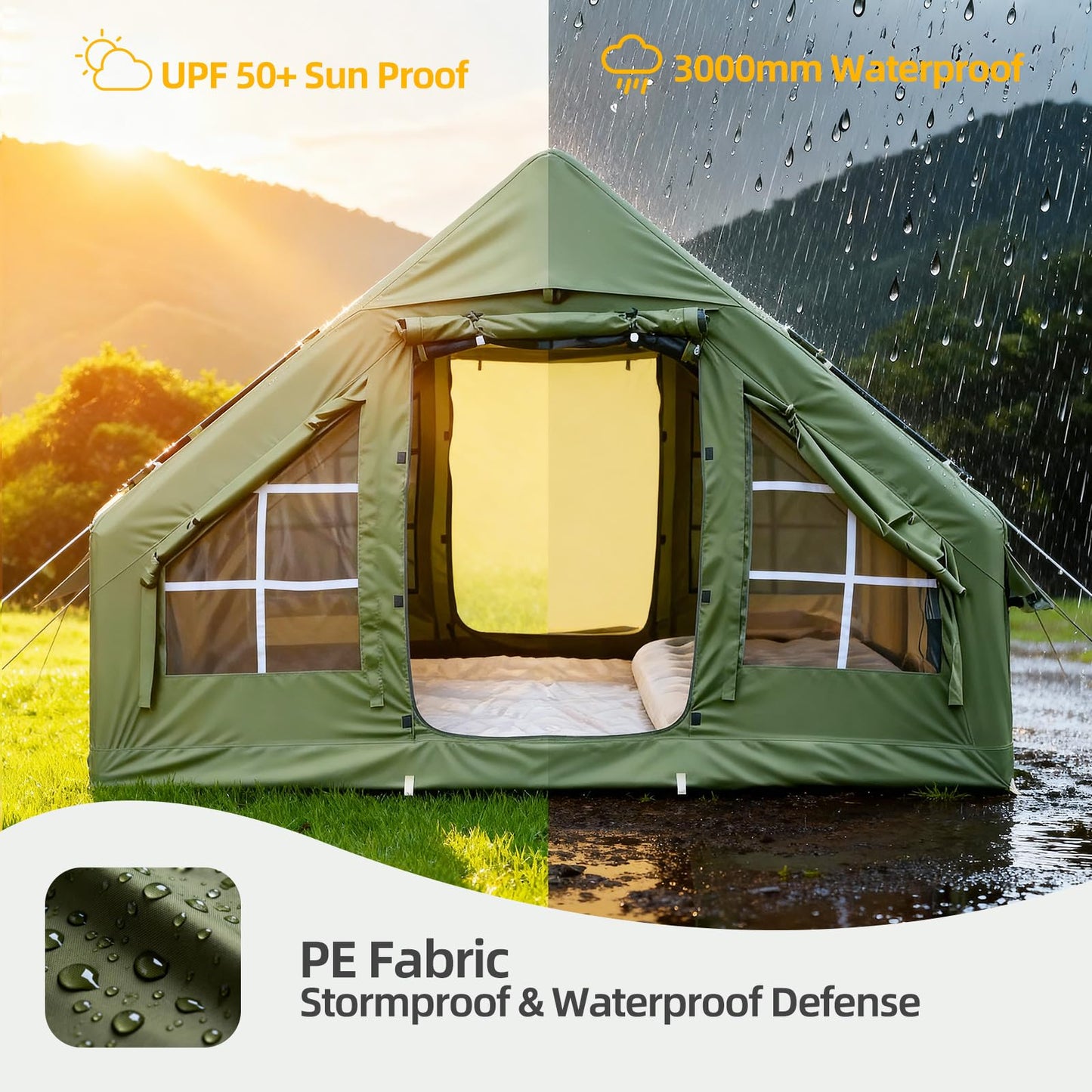 Inflatable Camping Tent, Glamping Blow Up Tent with Hand Pump for All-Season, 3 Mins Easy Setup, Waterproof Tens with Mesh Window for 4-6 Person, Suit for Family, Friend, Camp, Outdoor Gathering