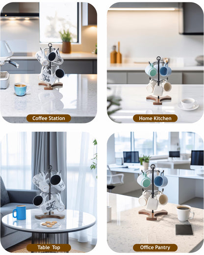 Mug Holder Tree for Countertop | 2-Tier Coffee Cup Stand & Rack Holds 6 Large Mugs, 5oz to 20oz | Space-Saving Mug Stand with Solid Wood Base | Kitchen Counter Organizer & Coffee Bar Accessories