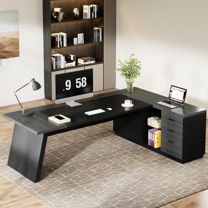 Tribesigns 78" L-Shaped Executive Desk, Large Modern Office Desk with Drawers and Lateral File Cabinet, Business Furniture with Storage Shelves, Big Computer Desk for Home Office (Grey + Blcak)