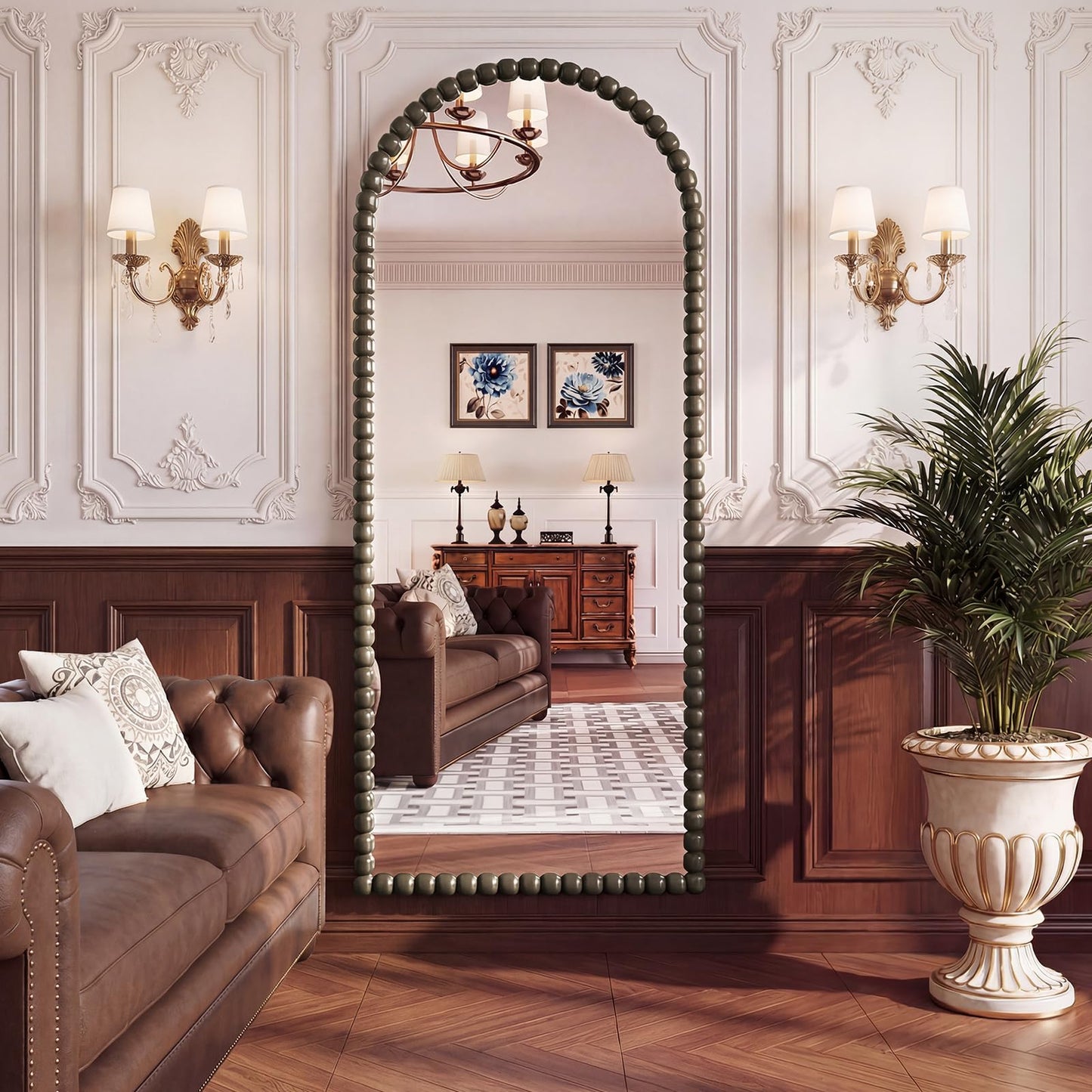 FlyEcho Arched Full Length Mirror, 71"x28" Antique Beaded Full Body Mirrors, Large Floor Mirror with Stand, Hanging Mounted for Bedroom Living Room Cloakroom Hallway Decor, PU Frame, Bronze