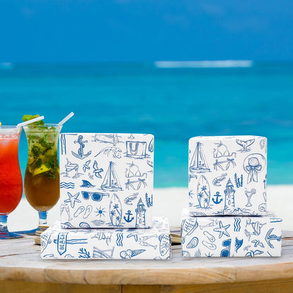 FYSUIMU Summer Wrapping Paper -Mini Roll- 17 Inch x 32.8 Ft Blue White Beach Fish Gift Wrap Paper Tropical Art Papers for Luau Pool Party Baby Shower Birthday DIY Crafts