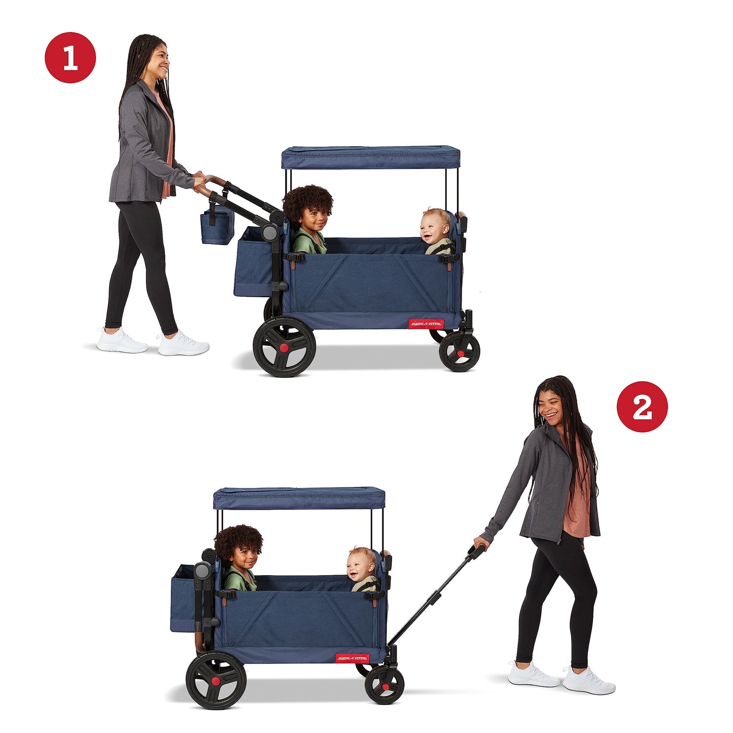Radio Flyer Atlas Stroll 'N Wagon, Navy Blue, For Ages 1+, 3-in-1 Push or Pull Versatility, One-Hand Fold, UV Canopy, 5-Point Harnesses, Storage Capabilities, Rubber Wheels, Stroller Wagon for Kids
