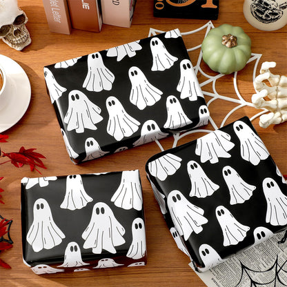 Whaline Halloween Wrapping Paper -Mini Roll- 17 In x 32.8 Ft Groovy Black White Ghost Gift Wrap Paper for Baby Shower Birthday Halloween Wrapping Supplies