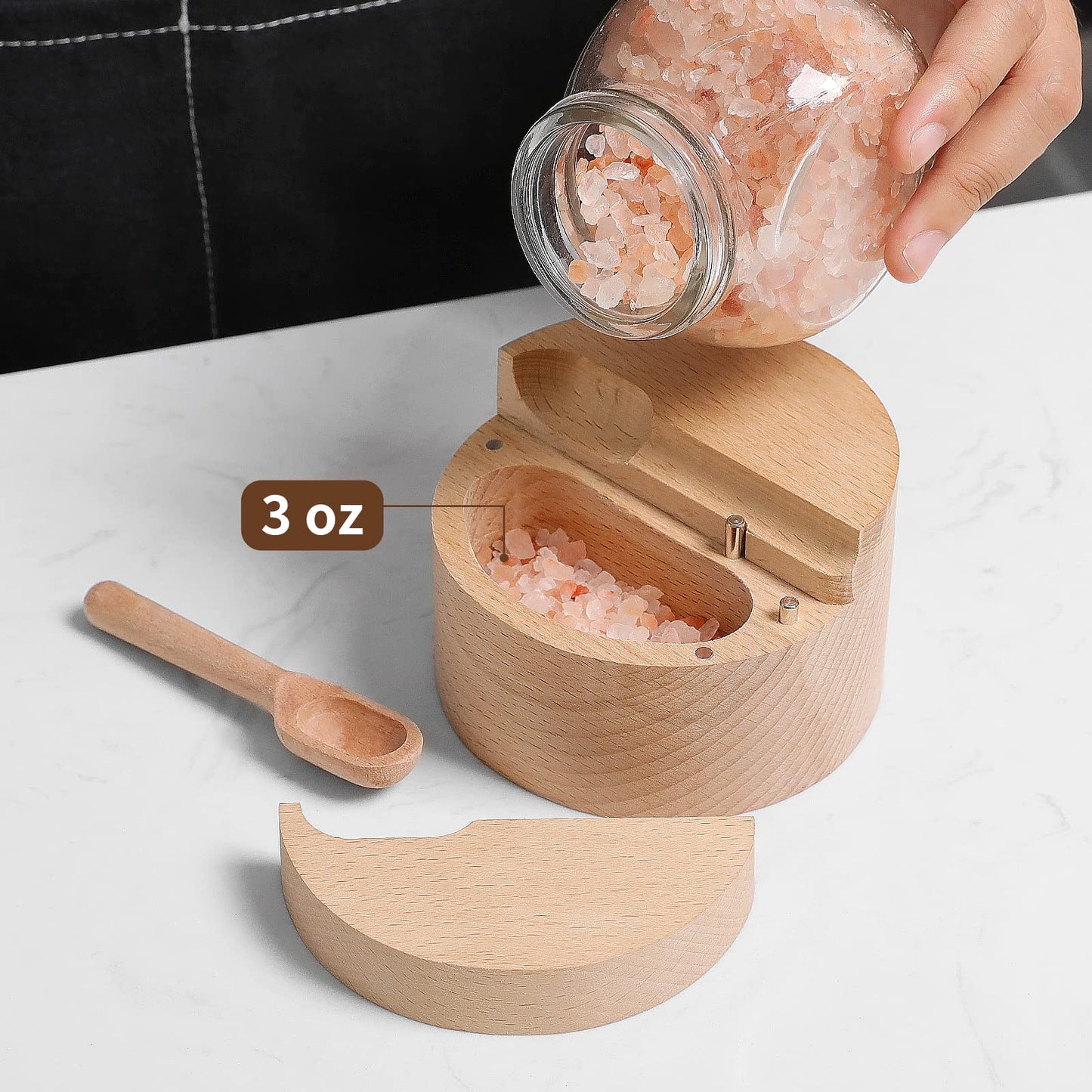 DGYLL Wooden Divided Salt Cellar With Lid And Spoon,Salt Box With 2 Compartment,Salt container with Magnetic Swivel lid, Beech Wood