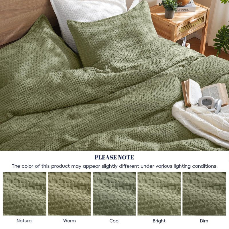 PHF Soft Waffle Comforter Set King Size- Comfy Breathable Waffle Weave Comforter with 2 Pillow Shams, 3 Pieces Less Snagging Lightweight Textured Bedding Set for All Season, Olive Green