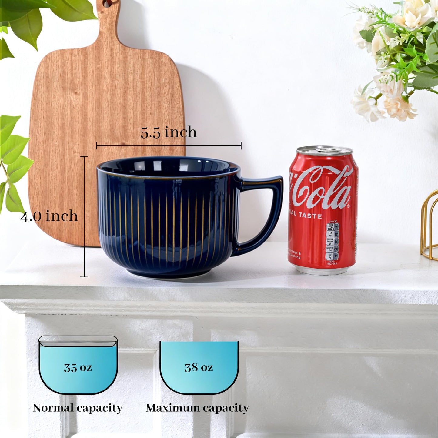 Pyrilo 38oz Blue Ceramic Soup Mug, Large Soup Bowl with Handle & Lid, Microwave & Dishwasher Safe Extra Large Soup Bowl with Lid for Cereal Oatmeal Ramen Instant Noodle Salad (1 Pack)