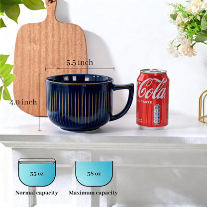 Pyrilo 38oz Blue Ceramic Soup Mug, Large Soup Bowl with Handle & Lid, Microwave & Dishwasher Safe Extra Large Soup Bowl with Lid for Cereal Oatmeal Ramen Instant Noodle Salad (1 Pack)