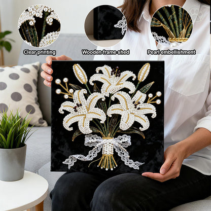 ARTopet DIY Pearl Painting Kit with Frame Gemstone Pearl Diamond Dots Beads Canvas Art Craft for Adults Beginners Display for Tabletop and Wall Mounting Home Decor-Lily