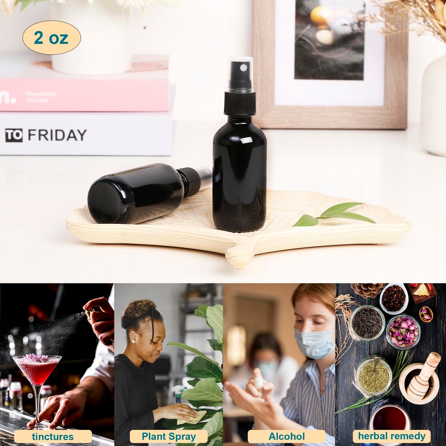 NOOEEISS Black Glass Small Spray Bottle 2 oz 24 Packs,Fine Mist Sprayer Small Clear Bottles,Refillable Containers mini spray bottles for Cleaning Solutions and Skin Care (Black 24pcs)