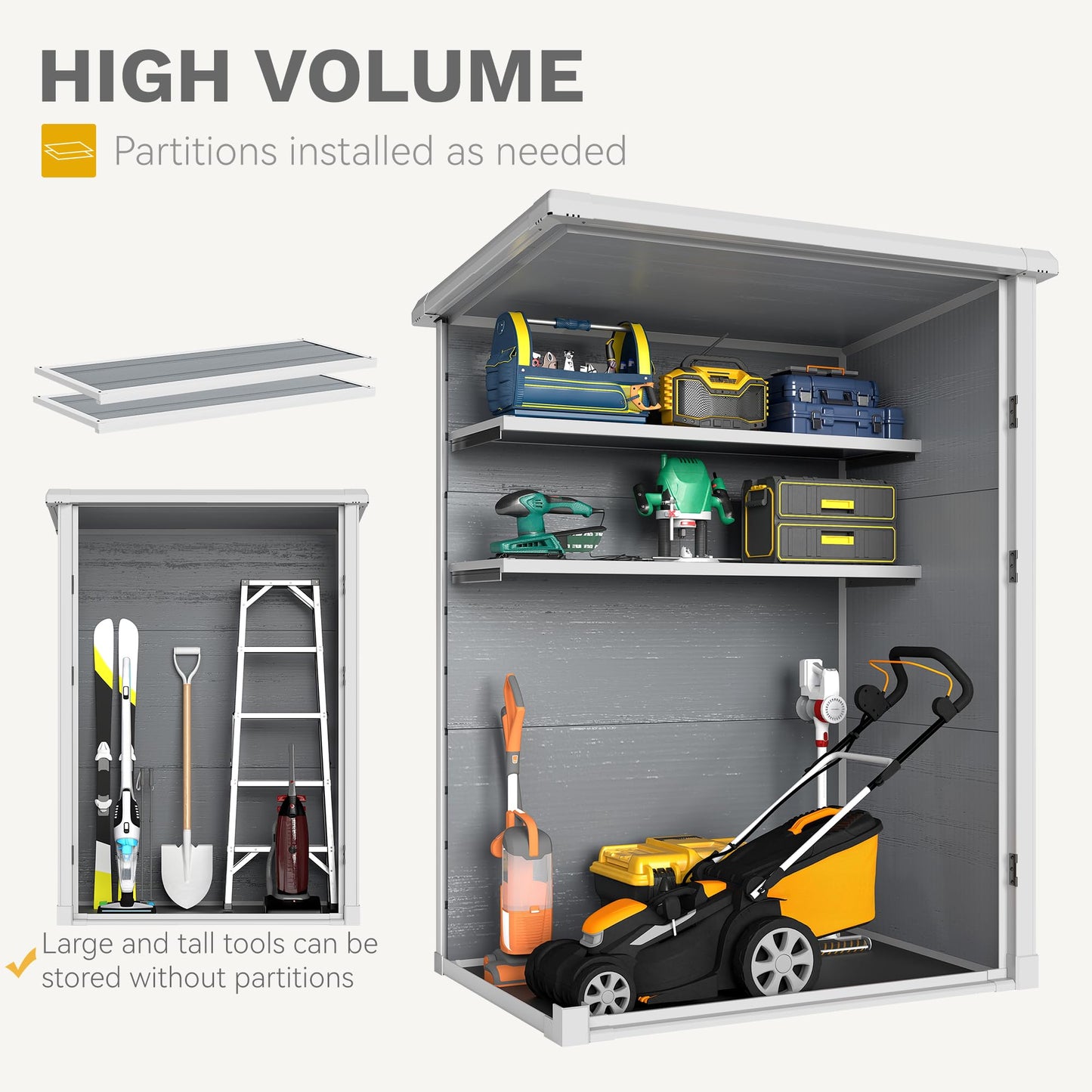 DWVO Outdoor Tall Storage Shed 60 Cuft with 2 Shelves, 5X3FT Vertical Tool Shed with Floor & Lockable Doors, Sturdy Double-Wall Plastic Cabinet for Garbage Cans and Garden Storage