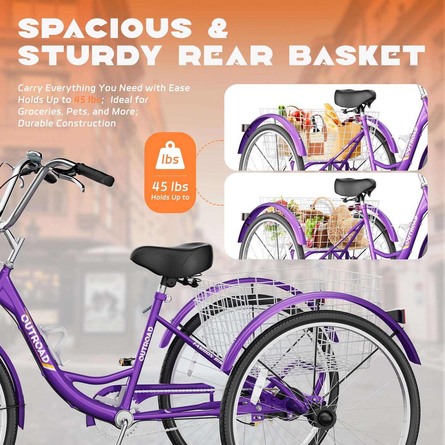 Max4out Adult Tricycle with Large Basket 24/26 Inch, Stable 3-Wheel Cruise Bicycle for Shopping, Beach and City Trike Perfect for Men, Women, Seniors, 26 Purple