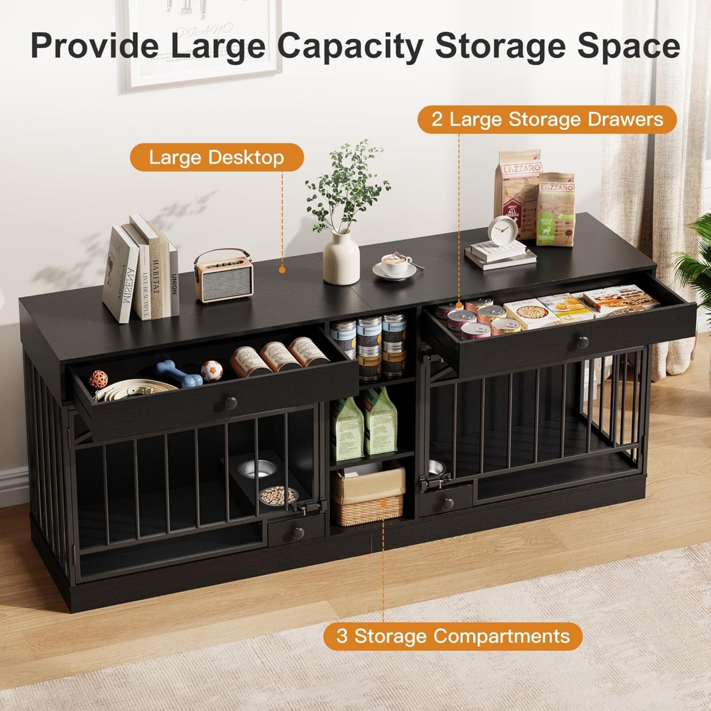 GAOMON Dog Crate Furniture for 2 Dogs, 78.7'' Large Dog Kennel Indoor with 2 Storage Drawers, 3 Shelves and Feeding Bowls, Double Dog Crate TV Stand for Small and Medium Dogs, Black