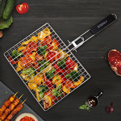Portable Grill Basket, EISINLY BBQ Grilling Basket for Outdoor Grill with Removable Handle, Stainless Steel Camping Cooking Grill Accessories for Chicken Fish Vegetable