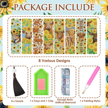 INCOK Diamond Painting Bookmarks Set - 8PCS Highland Cow 5D Diamond Art Bookmarks Kit with Tassel Sunflower Bookmarks Set for Highland Cow Lover Office Useful Project DIY Crafts Gifts Teacher