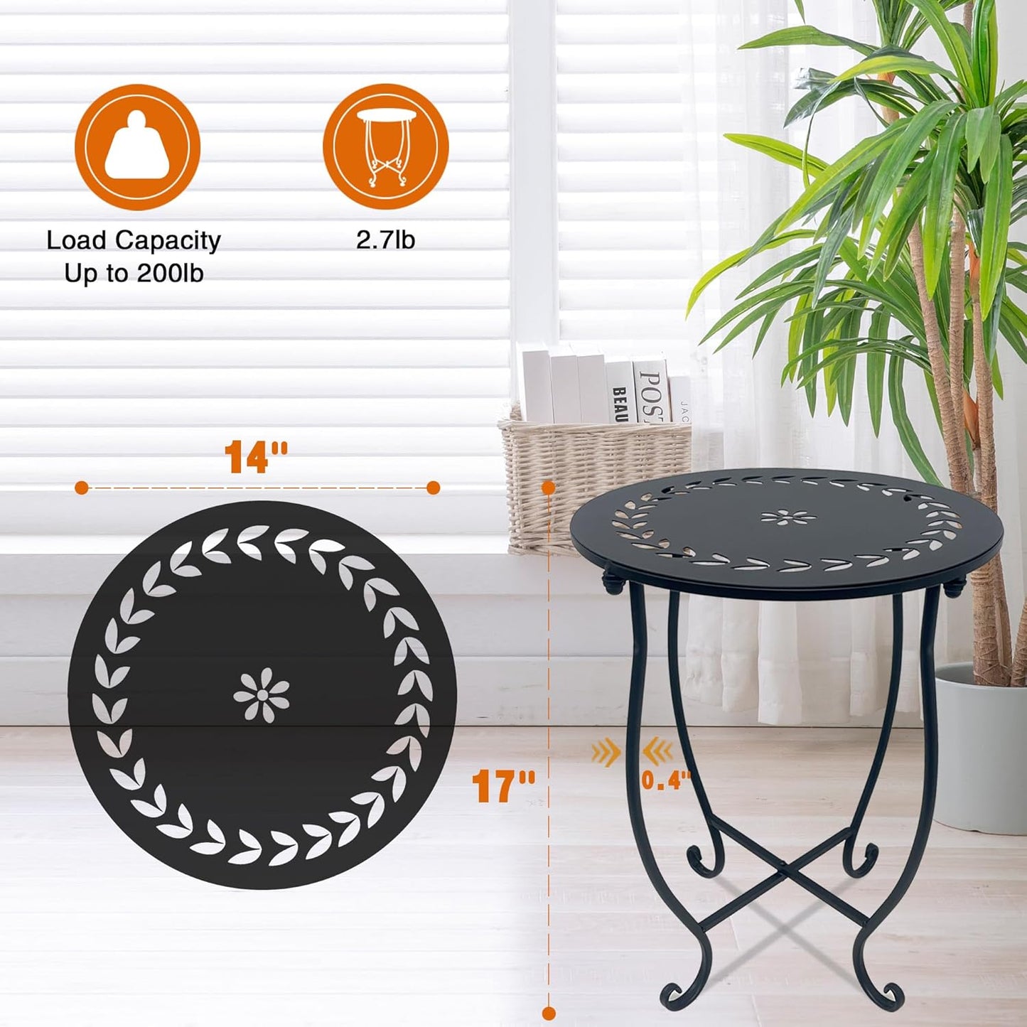 Aonagi 1 Pack 14 Inch Round Side Table, Bedside Table for Living Room, Bedroom, Weather Resistant Black Metal Outdoor