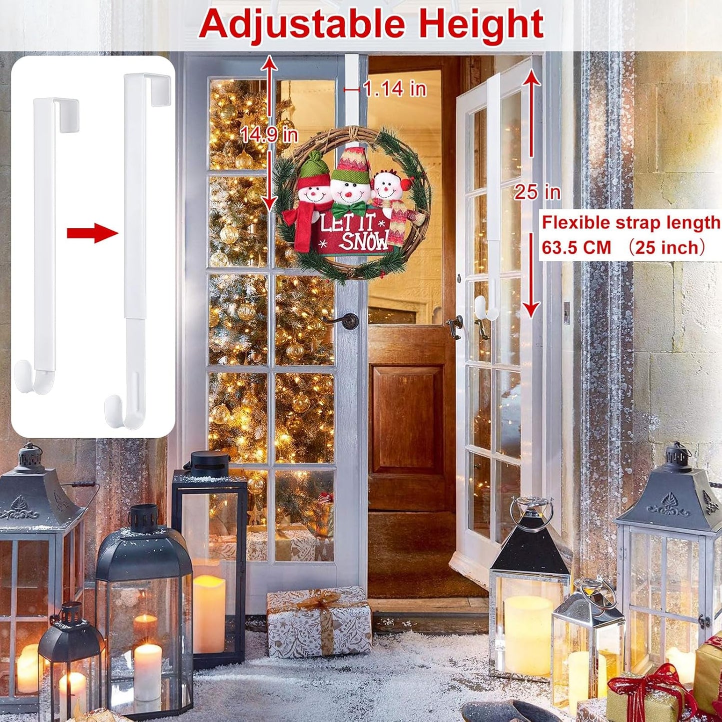 Wreath Hanger, Adjustable Length 14.9-25 Inch Metal Door Hanger for Front Door, 20 lbs Larger Christmas Wreaths