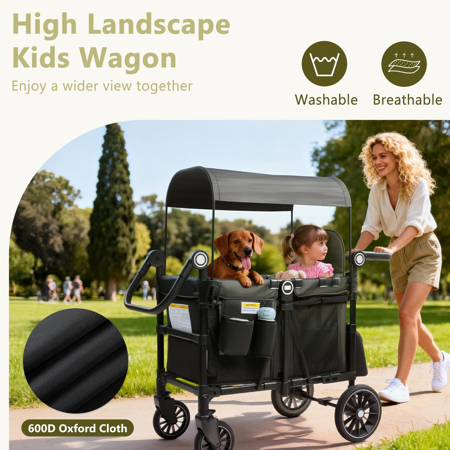 Kinder King Wagon Stroller for 2 Kids, All-Terrain Foldable Outdoor Stroller Wagon 2 Seater, Removable Canopy, Adjustable Handle, Shock-Absorbing Wheel, Detachable Tray, Large Storage, Black