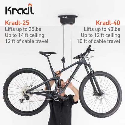 Kradl 2-Pack (40 Pound / 40 Pound). Ceiling Mount Bike Lift and Rack. Bicycle Storage Hoist Without Electricity, Clumsy Ropes or Pulleys.