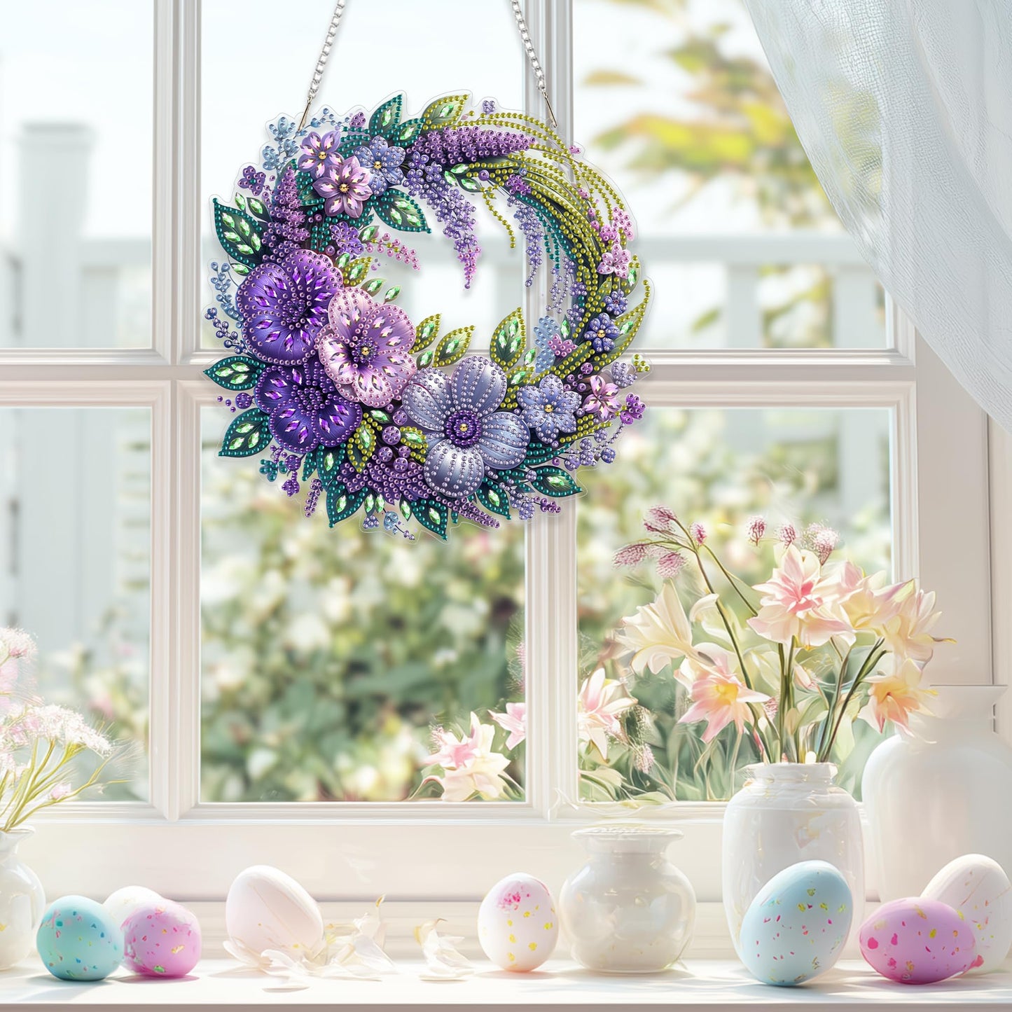 Eiflow Spring Diamond Art Hanging Kit for Adults, DIY Diamonds Painting Door Hanging Board Kit, Special Crystal Diamond Art Painting Pendant Ornament (Flower Wreath)