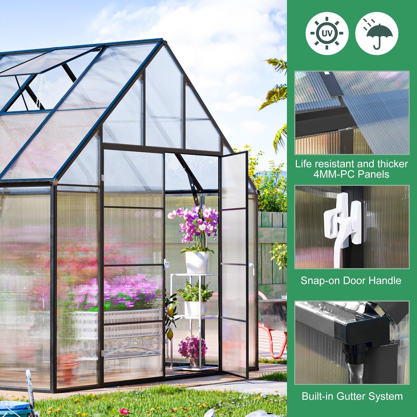 SELLERWE 10x12x10 FT Large Greenhouse, Easy Assembly Thicker Aluminum Hybrid Polycarbonate Greenhouses for Outdoors w/2 Windows,Heavy Duty Walk-in Greenhouses for Outside, Backyard, Graden