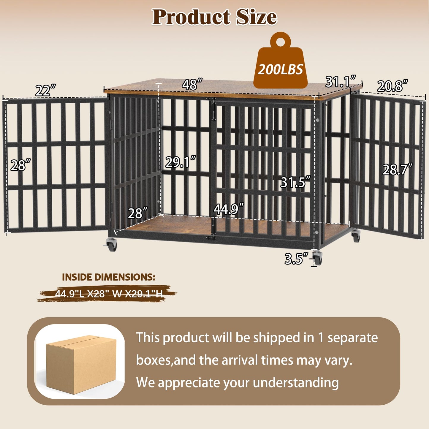 48 Inch Dog Crate Furniture, Heavy Duty Wooden Dog Kennel for Large Dogs, Chew Proof & Escape-Proof Indoor Dog Cage with TV Stand, for Anxious Dogs, Black Brown Cabinet