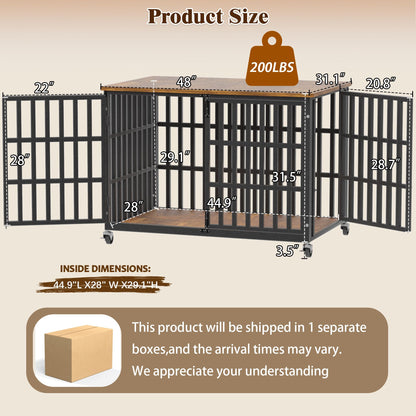 48 Inch Dog Crate Furniture, Heavy Duty Wooden Dog Kennel for Large Dogs, Chew Proof & Escape-Proof Indoor Dog Cage with TV Stand, for Anxious Dogs, Black Brown Cabinet