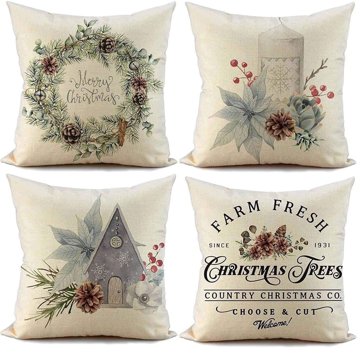 Christmas Pillow Covers 20x20 inch Set of 4, Farmhouse Decorative Throw Pillow Cover for Winter Holiday Décor