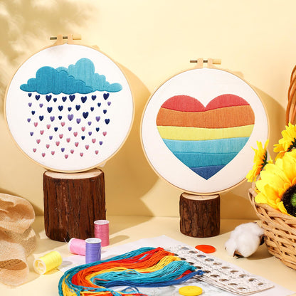Yinder 5 Set Starter Embroidery Kit for Beginners Boho Cross Stitch with Patterns Embroidery Hoops Instructions Floss Punch Needlepoint Kits Crafts DIY Adult Beginner Cross Stitch(Rainbow)